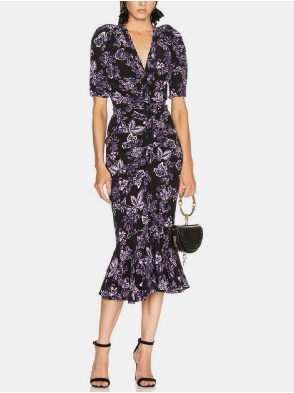 Veronica Beard Black & Purple Floral V-Neck Ruched Midi Dress